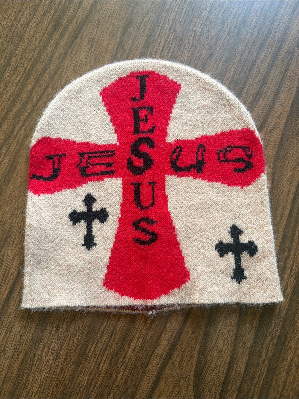 Jesus Graphic Knit Beanie with Red Black Cross
